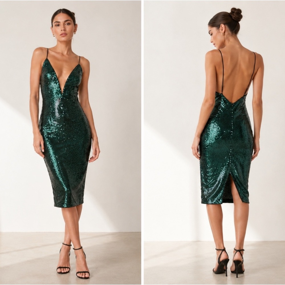 Michael Costello x REVOLVE Kendall Sequin Midi Dress Emerald Green Large New